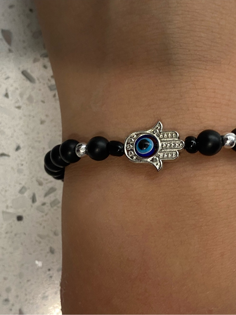 Hamsa Hand Bead Bracelet with Blue Evil Eye Accent